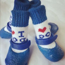 Wholesale 4-Piece Adjustable Waterproof Anti-Slip Dog Socks (Color: Blue heart)
