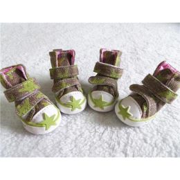 Wholesale 4 pc star breathable outdoor canvas dog shoes (Color: Green)