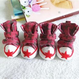 Wholesale 4 pc star breathable outdoor canvas dog shoes (Color: Red)